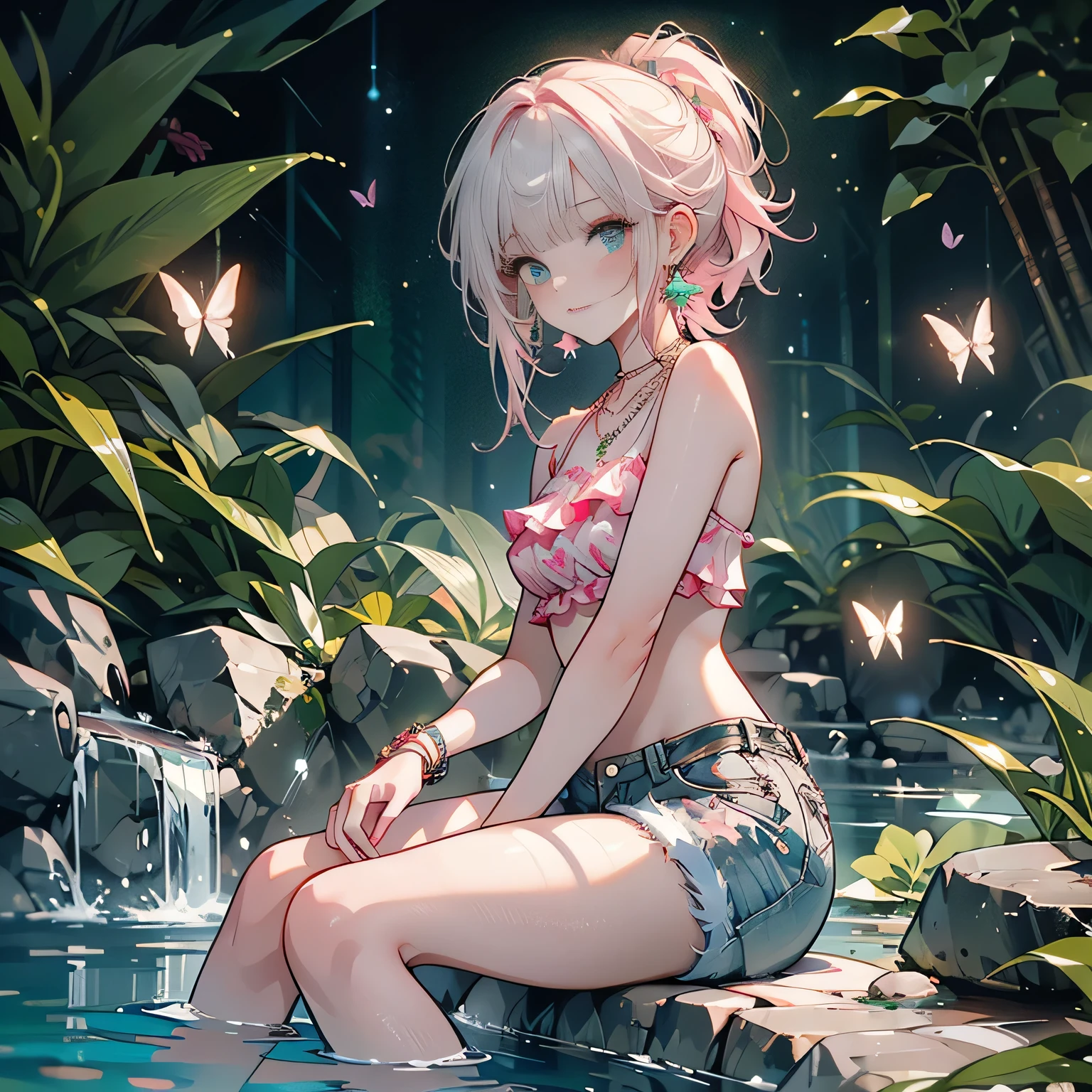 ((masterpiece:1.4, best quality)), ((masterpiece, best quality)),low angle,beautiful pony tail silver green hair,beautiful pink eyes,little cute girl,full body, sitting in the water falls,lovely laugh,denim shorts,pink and green baseball cap, ((pink and green elegant summer bikini)), (Lace chalker, wristband, diamond necklace,earrings),cinematic lighting and pause,beautiful natural mysterious park,night sky,full moon,beautiful pink and green butterflies all over the place,