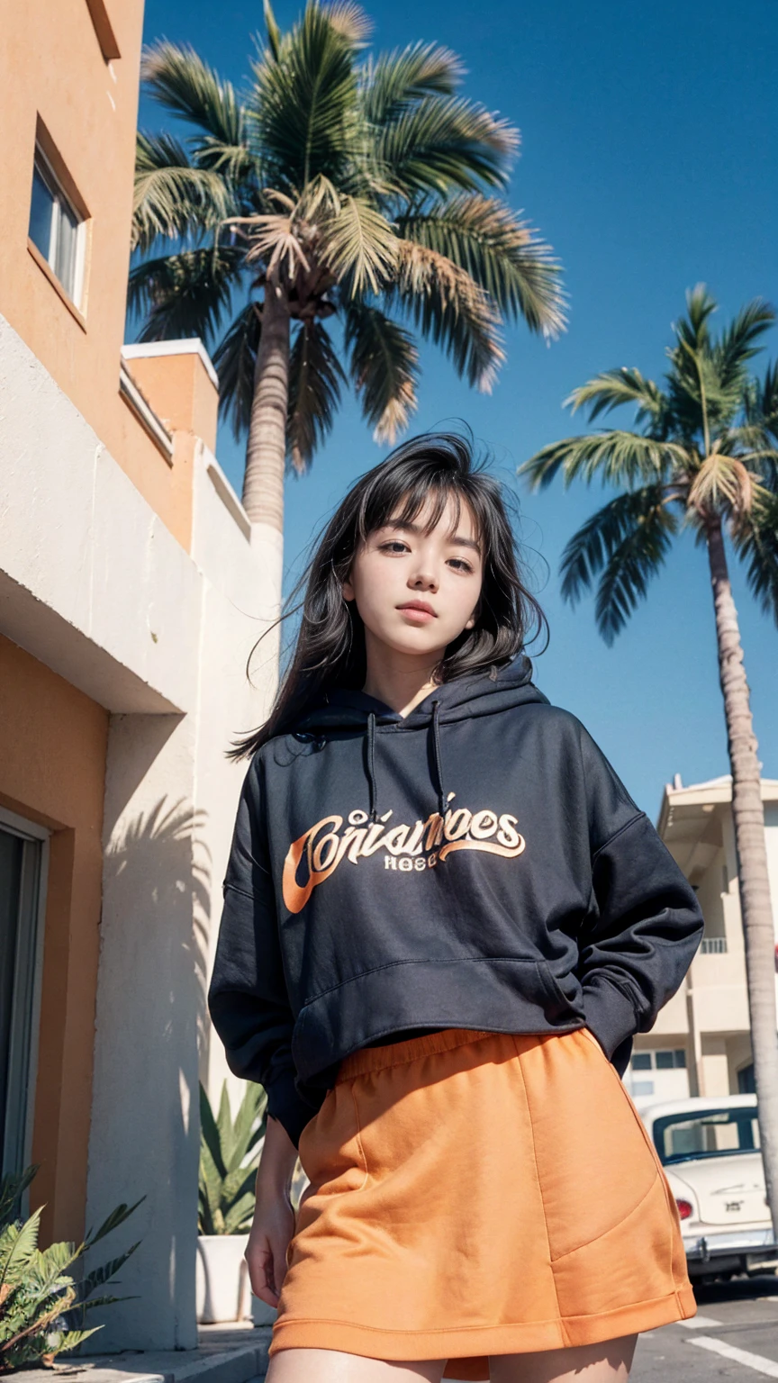 Best Quality,Masterpiece,Ultra High Resolution,(Realisticity:1.4),Original Photo, 1Girl,1 girl, wear ((orange color oversized hoodie)), (purple tennis skirt), light leak,dark intens shadow,ultra high resolution,UHD,beautiful, black bob hair, almond eye, no makeup, in front of 80's architecture colorful motel, (from below:1.2), (realistic:1.2), (surreal:1.3), (very detailed:1.1), ((masterpiece)),summer, blue sky, (palm trees),sunny, los angles vibes,thick outline. blurry photo. color slide film. 1958