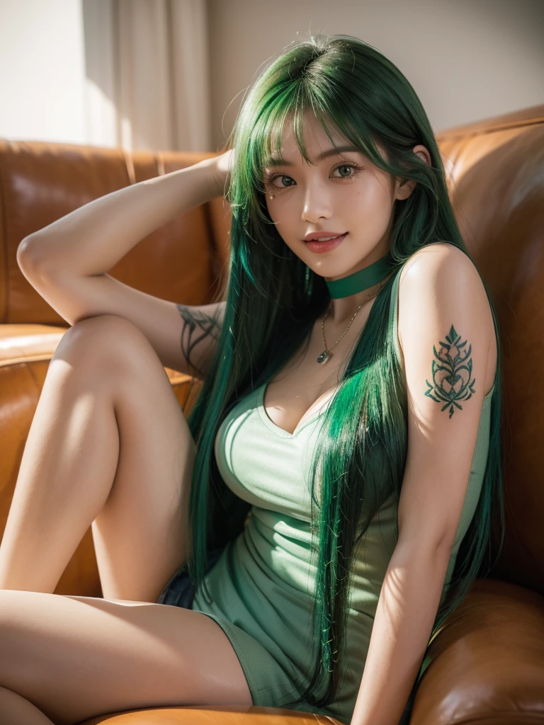 1girl, alone, solitary, high quality, (best quality,4k,8k,highres,masterpiece:1.2),ultra-detailed,(realistic,photorealistic,photo-realistic:1.37),gorgeous hair,emerald hair,long straight hair with bangs,sharp eyes,mole under the eye,plump lips,jewelry,(high detailed skin:1.4),(rim lighting:1.3),(lit:1.3),(sunny day:1.3),portrait,beautiful lips,waist-length hair,seductive gaze,moles,casual clothes,colorful clothing,close up,super long hair,choker necklace,tattoos,tattooed,light eyes,bangs,fringe,20 year old,dimples on the cheeks,dimples,beautiful smile,perfect teeth,straight teeth,perfect sized teeth,dazzling smile,emerald green hair,greenhair,green hair,bright emerald hair,emerald,emerald hair