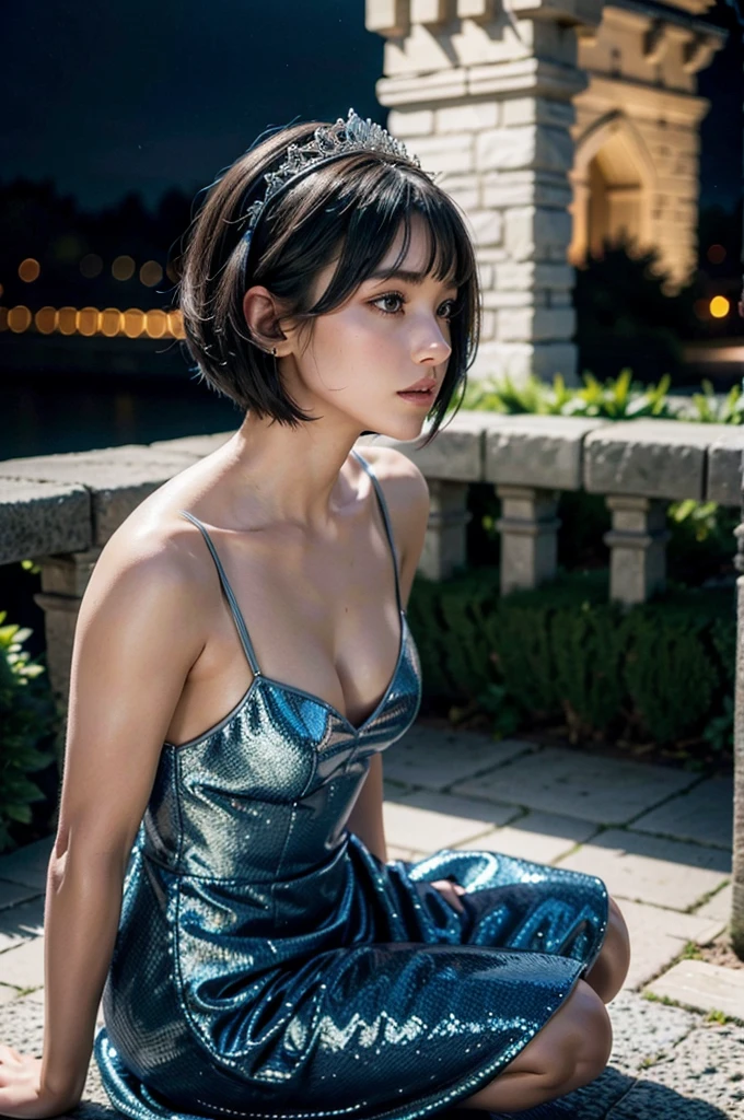 a young woman in her 20s kneeling on the ground, side profile view, looking slightly upward, black bob haircut, short hair, wearing an elaborately decorated and shimmering navy blue dress, small tiara accessory, with a castle wall in the background, (best quality,8k,highres,masterpiece:1.2),ultra-detailed,(realistic,photorealistic,photo-realistic:1.37)