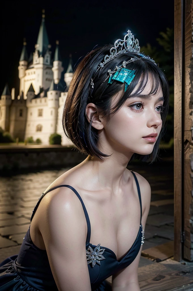 a young woman in her 20s kneeling on the ground, side profile view, looking slightly upward, black bob haircut, short hair, wearing an elaborately decorated and shimmering navy blue dress, small tiara accessory, with a castle wall in the background, (best quality,8k,highres,masterpiece:1.2),ultra-detailed,(realistic,photorealistic,photo-realistic:1.37)
