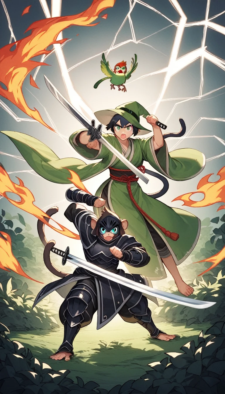 ((four characters)), (cat knight, black armor, holding a sword surrounded by flames), (monkey martial artist, striking a fighting pose with lightning fists), (bush dog samurai, black armor, holding a Japanese sword in each hand), (green parrot wizard, wizard's hat and robe, wand in each hand, with a purple magic circle coming out of the tip of his wand). ), in dungeon, twilight, 4K, 3dcg, sparks flying, high resolution, masterpiece, high quality, super detailed, ultra detailed, ultra realistic, fantasy world, dragon quest like world, medieval european world, drone with top angle, 3d fluffy, cute big round reflective eyes, Pixar rendering, Unreal Cinematic Smooth Engine, elaborate detail, Unreal