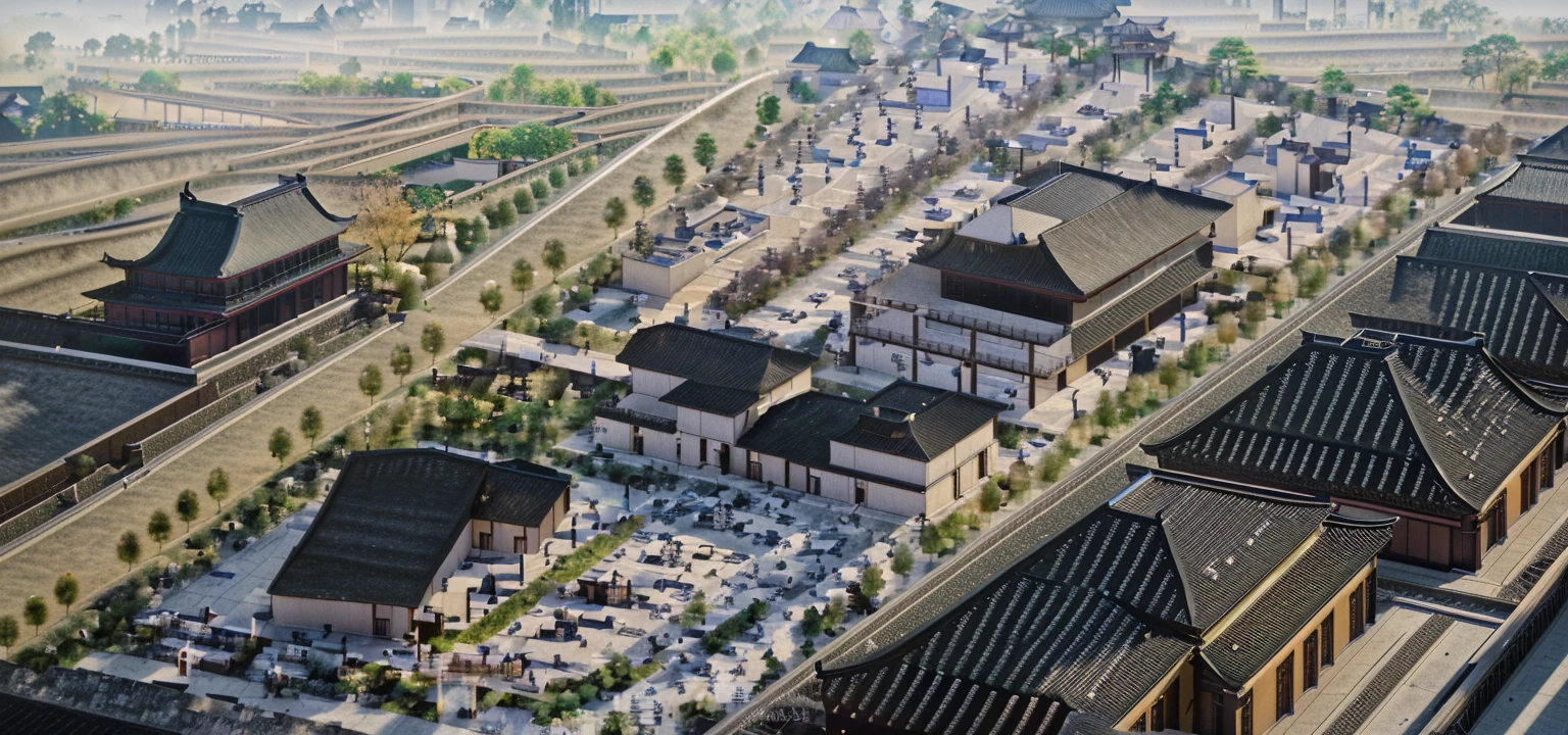 Top view,Aerial View,城市antiquity商业街,Highest quality,Chinese Ink Painting,antiquity,Decorative Arts,Sloped roof,Best quality,Architectural Photography,Photorealism,Hyperrealism,Ultra Detailed,V-ray,(architectural design),Big cities