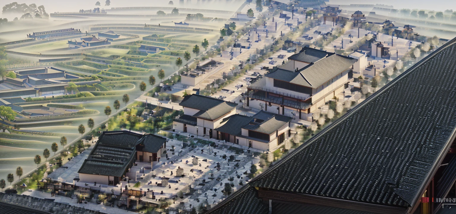 Top view，Aerial View，城市antiquity商业街，Highest quality，Chinese Ink Painting，antiquity,Decorative Arts，Sloped roof，Best quality,Architectural Photography,Photorealism,Hyperrealism,Ultra Detailed，V-ray，（architectural design），Big cities