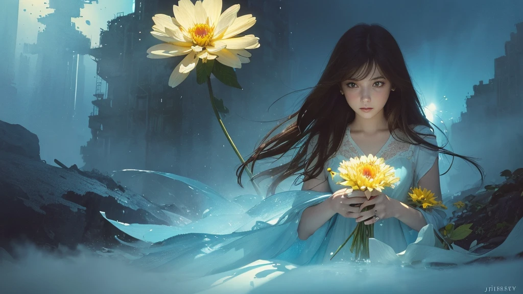 32k, Masterpiece, Highest quality, One girl, Brown Hair, Detailed eyes, flower,Dahlia, Light blue and yellow style,A dreamy, romantic piece,Pale yellow, Mysterious Leaves,A playful arrangement,Fantasy,High Contrast,Ink strokes,explosion,Exposure, Impression of light blue and yellow tones,Abstract,((Watercolours by John Berkey and Jeremy Mann )) Brush strokes,Negative Space, Tyndall effect,