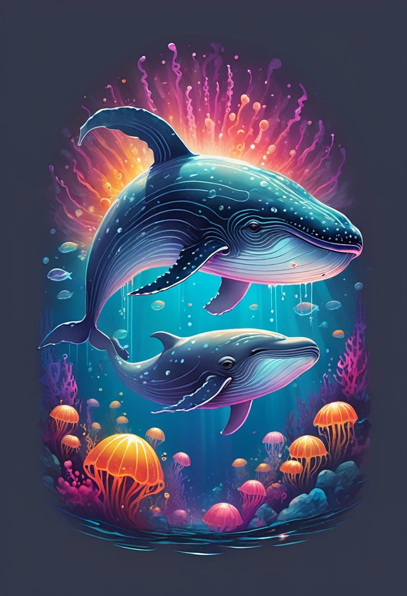 creative logo ilustration of a big grey whale surrounded by colorful glowing jelly fishes, digital art style by dan mumford, marc simonetti, frank frazetta, sketch, high definition, negative space, logo style, T-shirt design