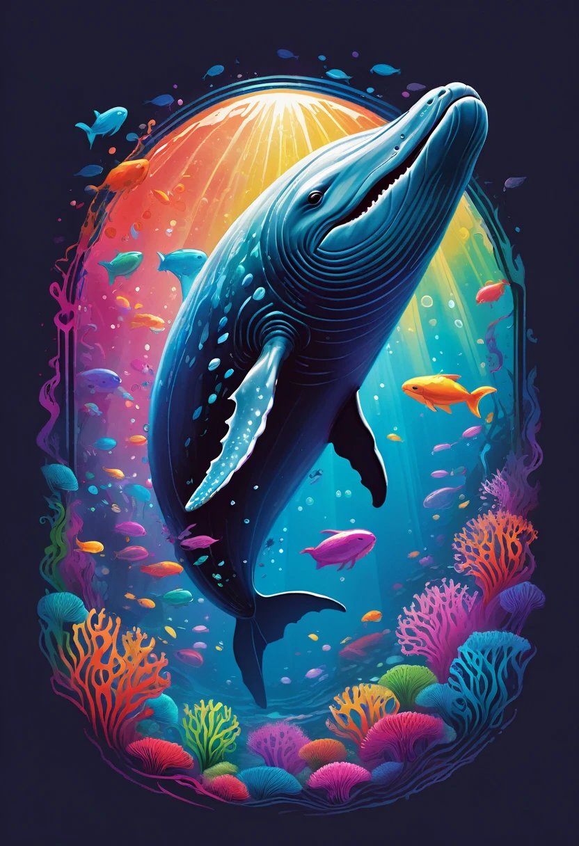 creative logo ilustration of a big grey whale surrounded by colorful glowing jelly fishes, digital art style by dan mumford, marc simonetti, frank frazetta, sketch, high definition, negative space, logo style, T-shirt design