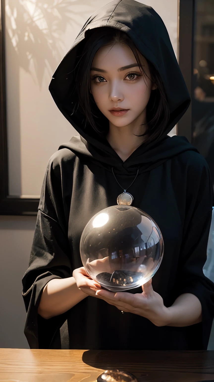 A fortune teller looking at a large glass ball, magician, high resolution, 8K, A fortune teller wearing a black hood, Female fortune teller, Big transparent ball, Big glass bowl, Show me the subject&#39;s body, Beauty fortune teller, Large transparent quartz crystal ball, Facing forward, (best quality, masterpiece, 16K, ultra detailed, beautiful skin, professional lighting) A girl, mega breasts,