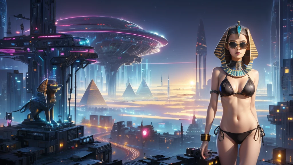 (((a medium-breast bikini slim GIRL with black micro sunglasses))), (((aiming at viewer with a pistol))), a balcony of a futuristic building, aerial view of an ultra-futuristic megalopolis, many metal buildings and houses in dark colors from dark blue to black, a cidade tem tons de cinza metal, has smoky metal structures , industrial environment with smoke and fog around, carros escuros nas ruas, desert megalopolis, trilhos e trens modernos de de metal passando estre as ruas da cidade, tall futuristic metal buildings, many ultra modern buildings around, (((an Egypt sphinx statue on the top of building))), realistic, detailed, sci-fi.
