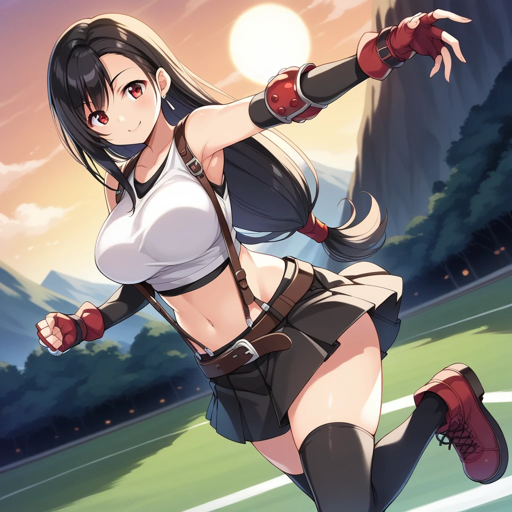 ,1990s_(style),,core_9, score_8_up, score_7_up,score_6, score_5,4k,rating_safe BREAK , (from front),front view,Dutch angle,(breast focus),standing,,fighting pose,(leg up,kick),(medium shot),looking_at_viewer ,1girl, tifa lockhart, final fantasy, tareme,black hair, low-tied long hair, red eyes, bangs, (white tank top, belt, pleated skirt, thighhighs, elbow fingerless gloves, elbow pads, midriff, navel,suspender skirt) ,large_breasts,(light smile),,,Solo,,(daytime and outdoor and mountain),detailed skin,beautiful,(best quality),(aesthetic,very aesthetic),studio anime,anime,highly detailed,super fine illustration,anime screencap ,sharp focus,depth of field,,professional lighting,cinematic lighting