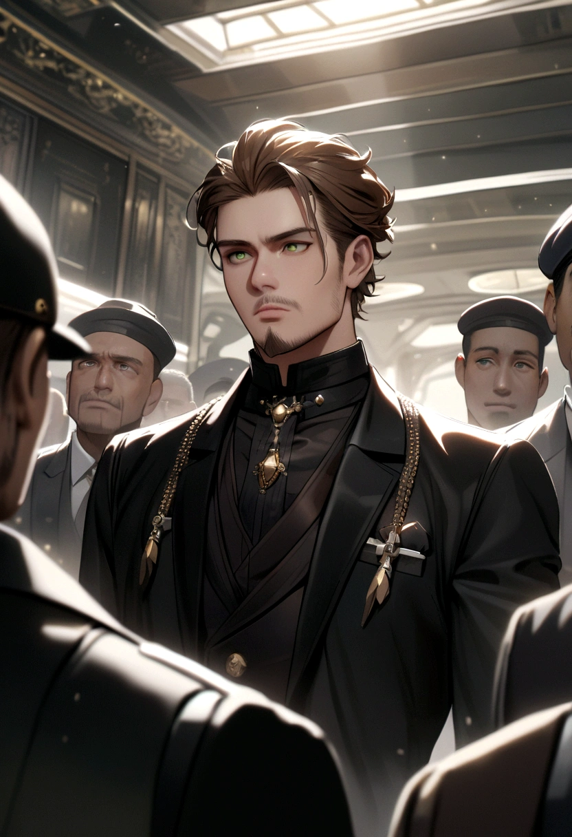 brown haired guy, goatee, dark green eyes, black hat, black suit with white trim, black backpack, brown watch, black belt