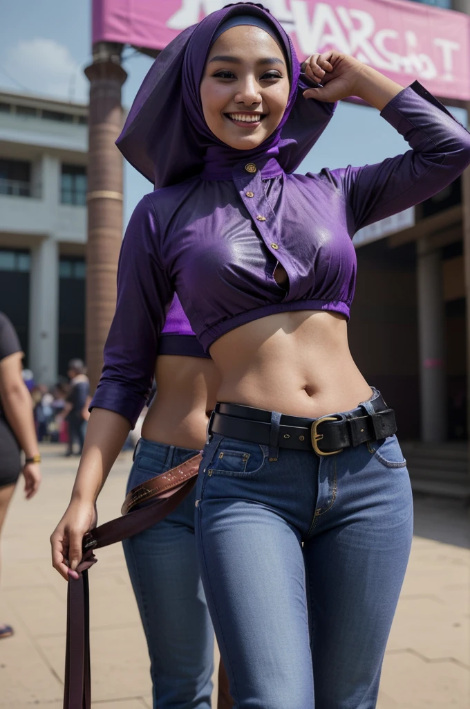 a beautiful sexy malaysia girls wears a hijab, wearing a purple shirt, showing big navel, wears low waist jeans, at the festival, wear a black leather belt, full body, smiling, 4K