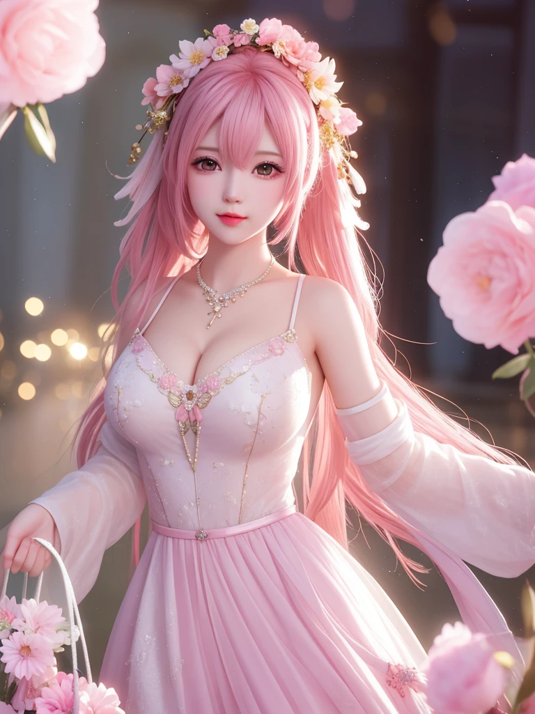 best quality, masterpiece, High target, There is a girl with a basket of flowers on her head, Big breast beauty,Very sexy,beautiful clothes, Hair Decorationss, necklace, Decorations, Pretty Face, When the body, Tyndall effect, Realistic Portraits, Edge lighting, Two-color light, (Very delicate skin:1.2), 8K uhd, Digital SLR Camera, Soft Light, high quality, Volumetric Lighting, Honest, photo, high resolution, 4K, 8K, Bokeh, Pink hair,Pink Eyes.