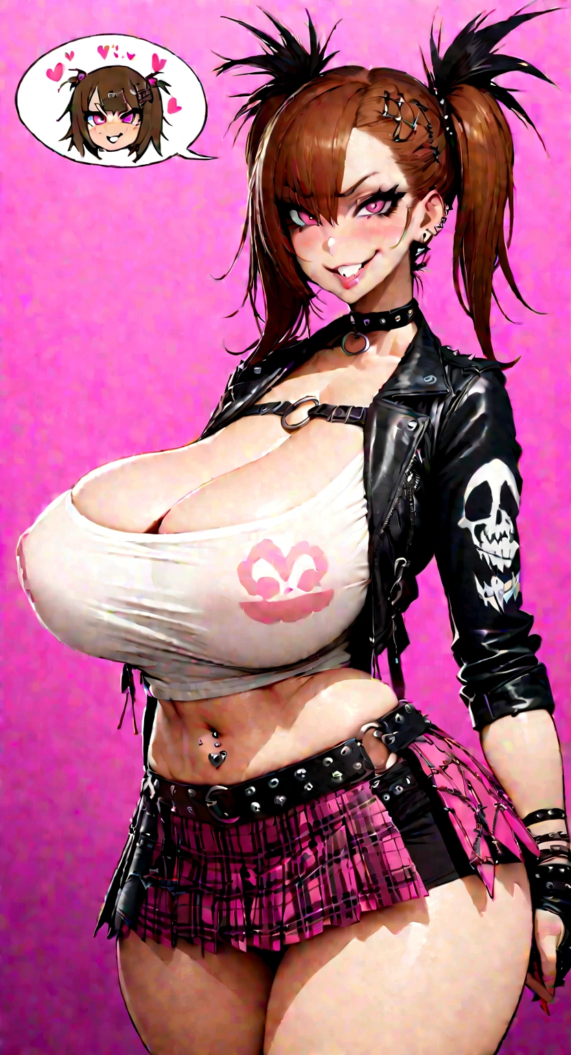 big lips, Brown hair, pink eyes, japanese face, improve, improve grin, two sides up, huge breasts, Wide hips, sexy, detailed, pink room, Hits, (evil smile1.4), kawaii, pleated skirt, punk, GOOD, Pink and black suit, plaid skirt, punk shirt, choker, punk skirt, punk shirt,navel piercing