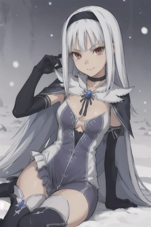 1girl, aira, blanc neige, smile, galdinius hairband, black elbow gloves, blue dress cleavage, frilled choker, white cape, black cape, black thighhighs frills, blue gemstone, park, snow, best quality, masterpiece, looking at viewers 