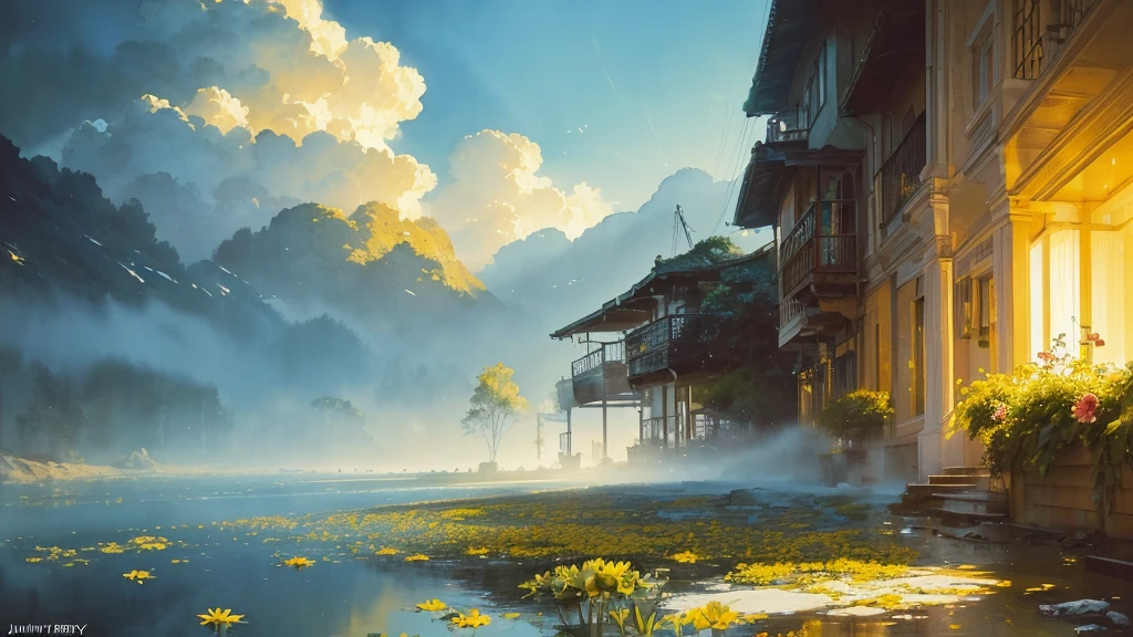 32k, Masterpiece, Highest quality, One girl, Brown Hair, Detailed eyes, flower,Dahlia, Light blue and yellow style,A dreamy, romantic piece,Pale yellow, Mysterious Leaves,A playful arrangement,Fantasy,High Contrast,Ink strokes,explosion,Exposure, Impression of light blue and yellow tones,Abstract,((Watercolours by John Berkey and Jeremy Mann )) Brush strokes,Negative Space, Tyndall effect,