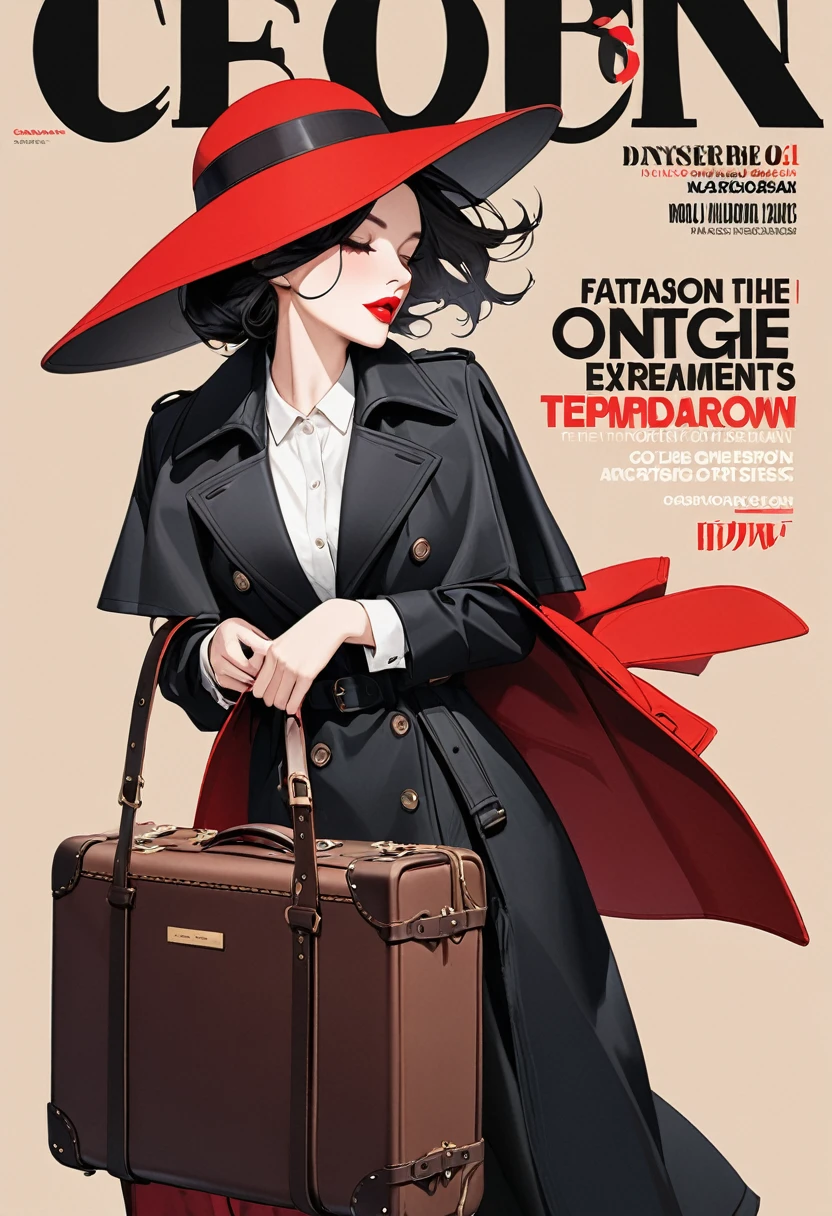 Magazine design,Fashion magazine cover,Black woolen trench coat,Round hat-wide brim,Pull the brim of your hat down to cover your eyes,Handsome,Elegant temperament,1 Girl,Big red lips,Genuine leather vintage carry-on suitcase