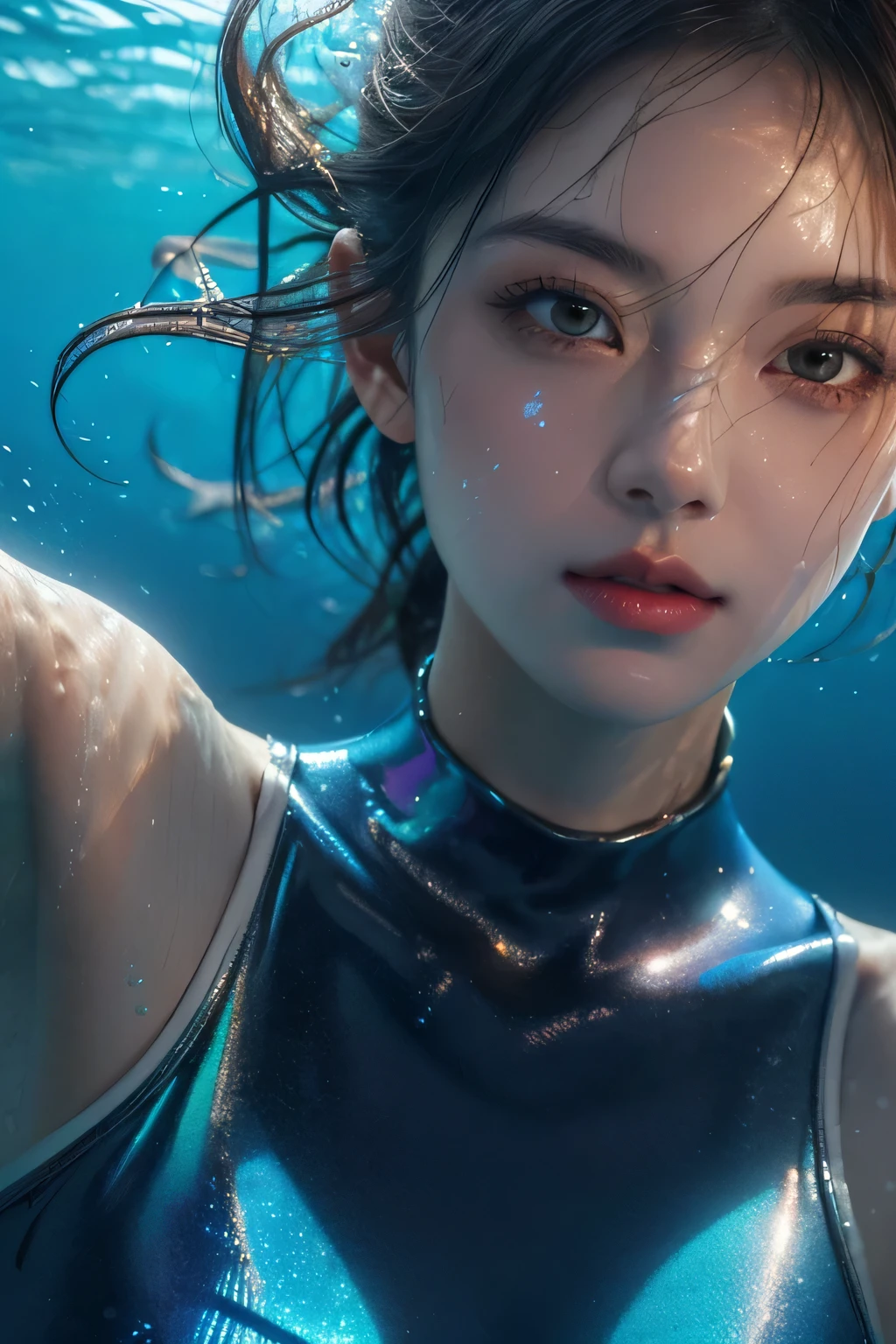girl swims underwater, hyper detailed render style, glow, yellow, blue, brush, surreal oil painting, shiny eyes, upper body, exaggerated perspective, tyndall of holographic, water iridescence, background black.