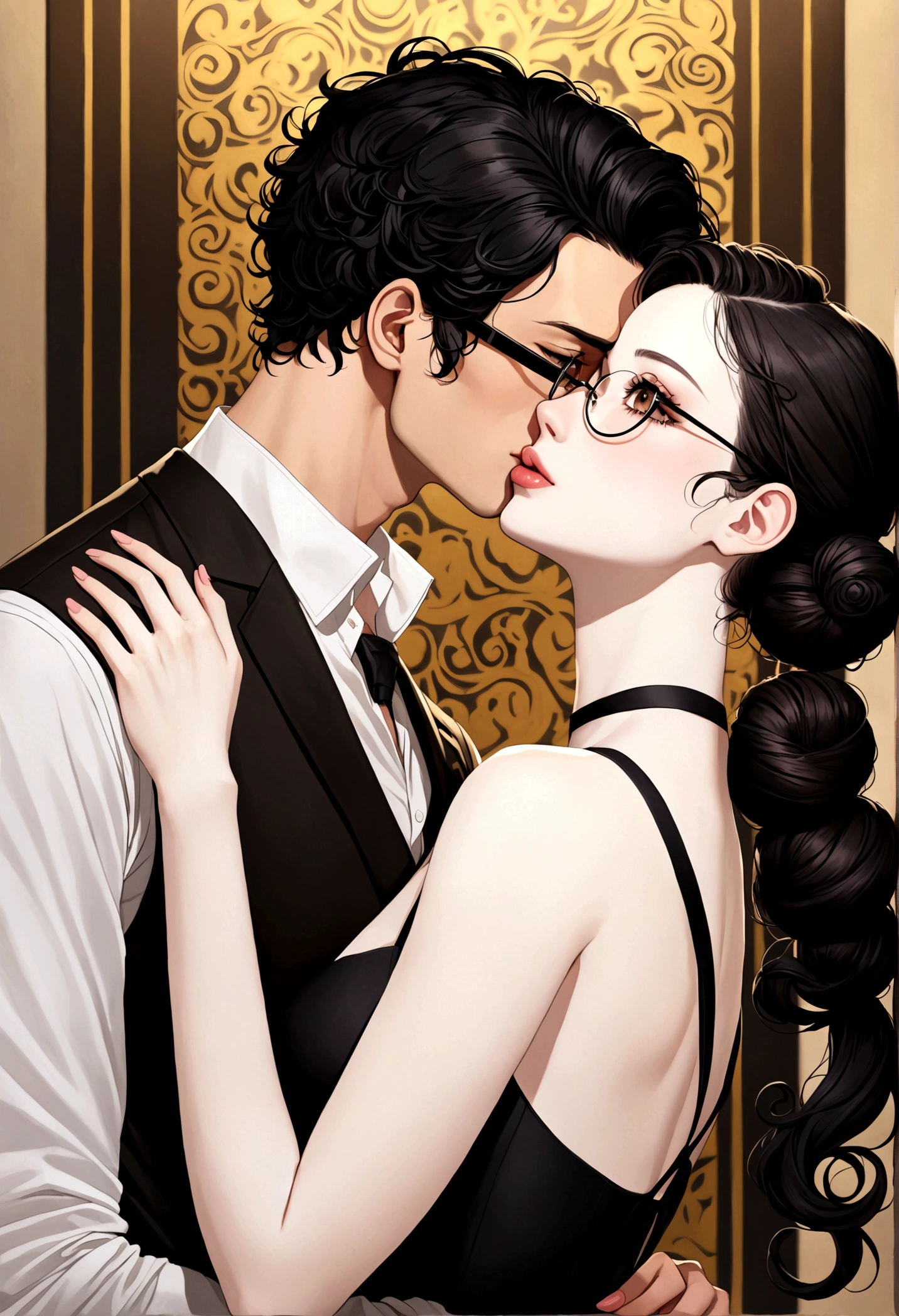 Girl with black hair tied up in a ponytail, thin-rimmed glasses, brown eyes, pale pink lips with pale skin, kissing a man taller than her with black eyes and curly hair tied in a small bun.