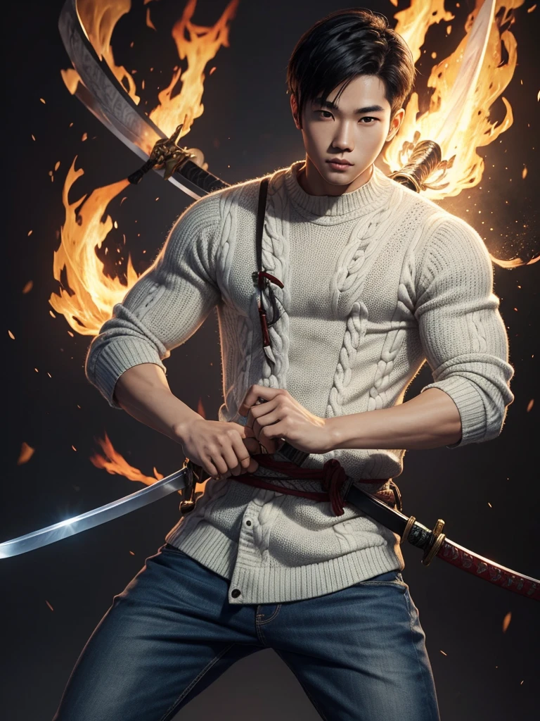 Male, 25 years old, Asian, good looking, white skin. Wears a sweater and jeans and holds a Japanese sword in his right hand. Stand facing the camera. The background is flames. Bright picture during daytime