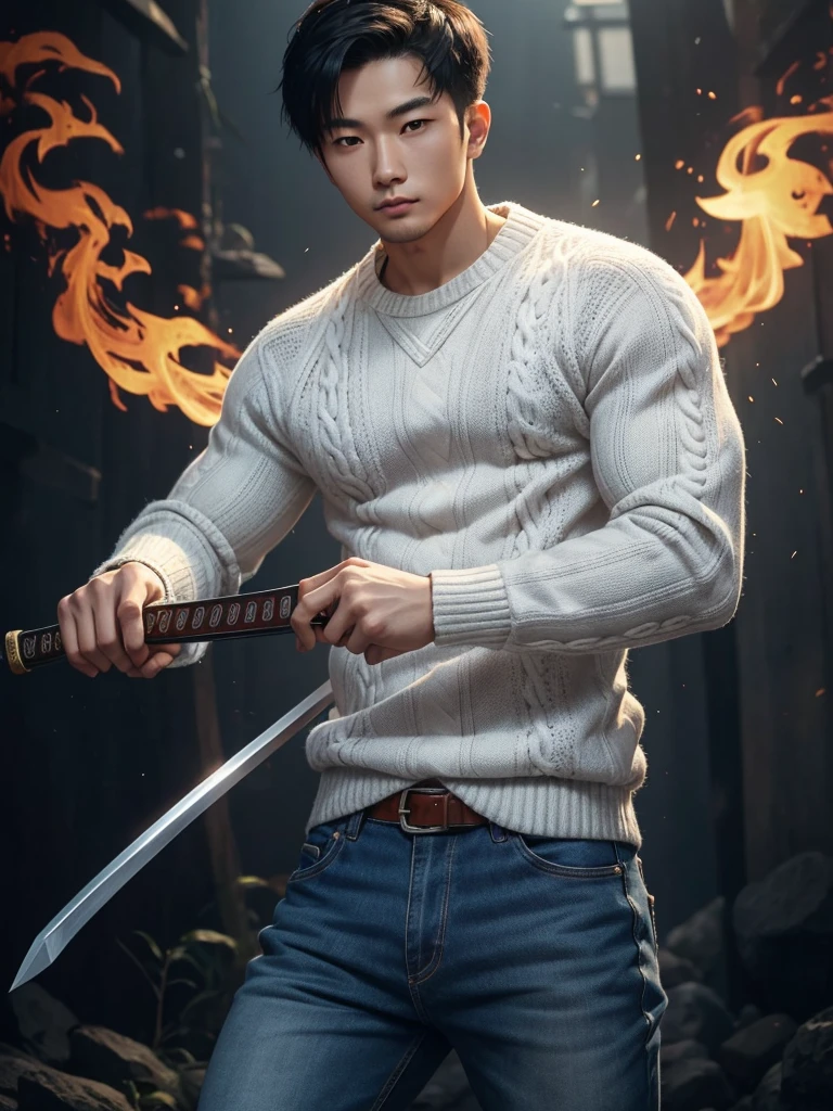 Male, 25 years old, Asian, good looking, white skin. Wears a sweater and jeans and holds a Japanese sword in his right hand. Stand facing the camera. The background is flames. Bright picture during daytime