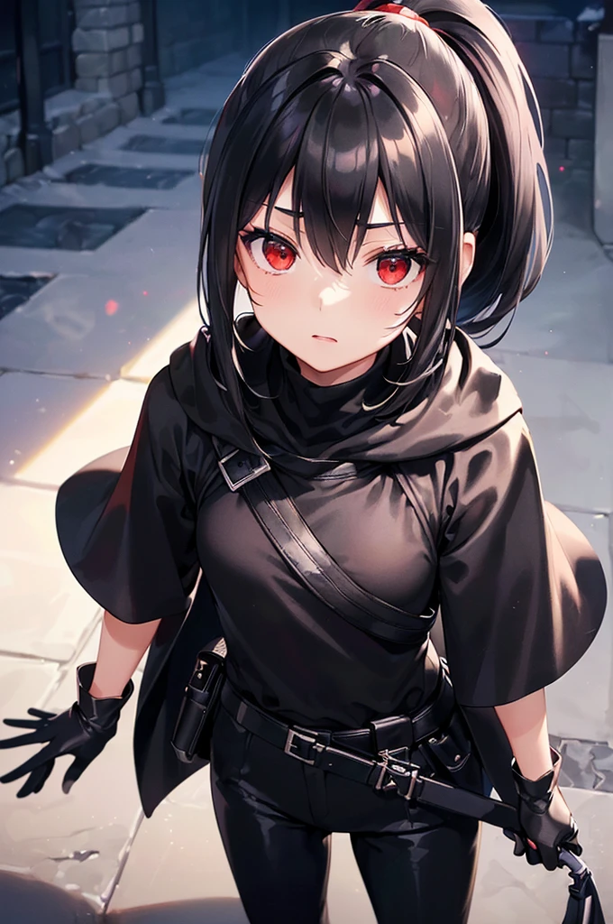 (masterpiece; best quality: 1.2), (finely detailed eyes: 1.3), ((10 year old female kid)), ((solo)), (red eyes: 1.4), (body; short, slender: 1.3), (black hair in ponytail: 1.3), (beautiful and clear background: 1.2), ((depth of field)), (clothes: assassin attire + black turtleneck + black pants + black hooded cloak + black gloves + light armor + satchel: 1.3), (anime illustration: 1.2), (background; medieval alleyway: 1.1), (extremely fine and beautiful: 1.1), (shot composition; standing + centered on torso + close-up: 1.5), (expression; calm, stoic: 1.2)