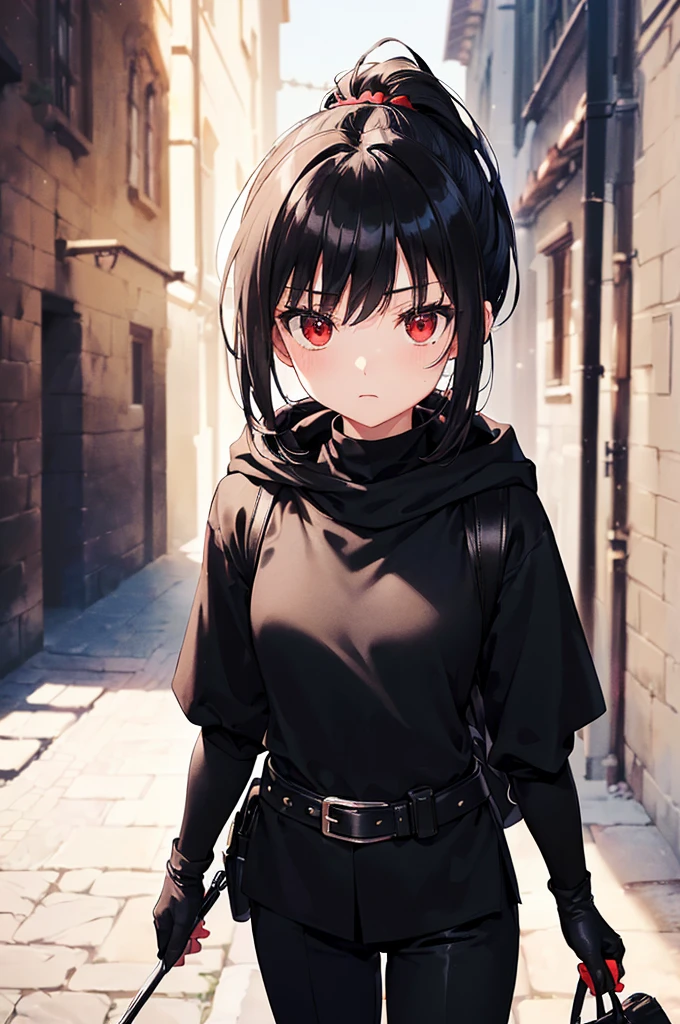 (masterpiece; best quality: 1.2), (finely detailed eyes: 1.3), ((10 year old female kid)), ((solo)), (red eyes: 1.4), (body; short, slender: 1.3), (black hair in ponytail: 1.3), (beautiful and clear background: 1.2), ((depth of field)), (clothes: assassin attire + black turtleneck + black pants + black hooded cloak + black gloves + light armor + satchel: 1.3), (anime illustration: 1.2), (background; medieval alleyway: 1.1), (extremely fine and beautiful: 1.1), (shot composition; standing + centered on torso + close-up: 1.5), (expression; calm, stoic: 1.2)