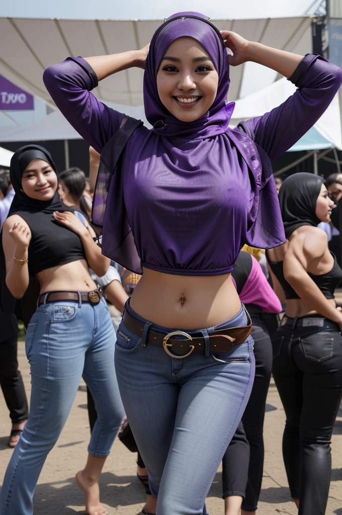 a beautiful sexy malaysia girls wears a hijab, wearing a purple shirt, showing big navel, wears low waist jeans, at the festival, wear a black leather belt, full body, smiling, 4K