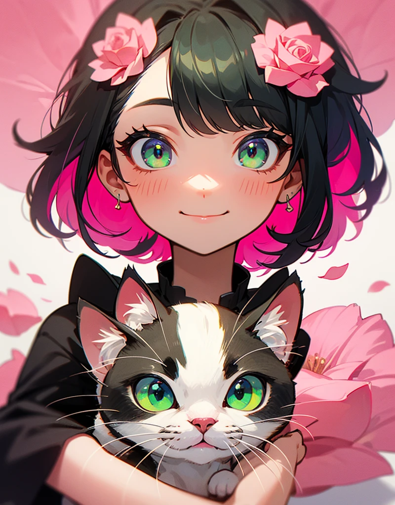 Big pink open petals rose with a multicolor kitten face in the center. Green eyes kitten,smiling kitten face in the center of the rose.