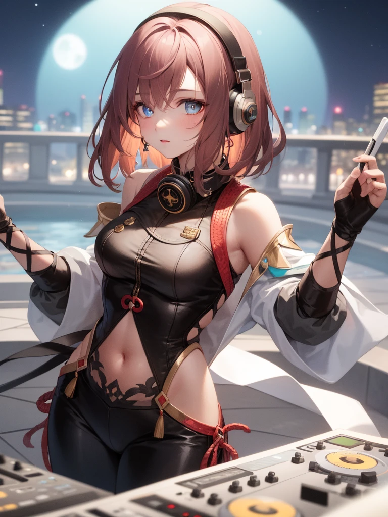 top-Quality, Arabian night, red hair, golden eyes, thin beard, smoking, young man, headphones around his neck, Arabian clothes, DJ