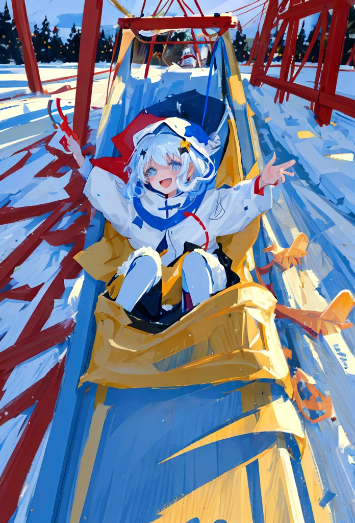 Cheerful children ride down the slide on New Year's Eve, there is snow all around.