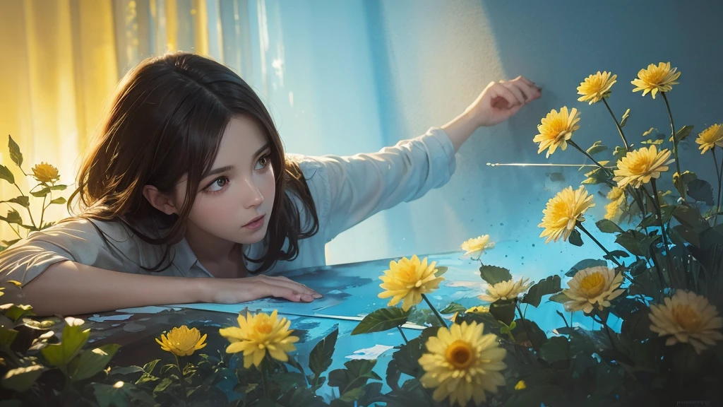 32k, Masterpiece, Highest quality, One girl, Brown Hair, Detailed eyes, flower,Dahlia, Light blue and yellow style,A dreamy, romantic piece,Pale yellow, Mysterious Leaves,A playful arrangement,Fantasy,High Contrast,Ink strokes,explosion,Exposure, Impression of light blue and yellow tones,Abstract,((Watercolours by John Berkey and Jeremy Mann )) Brush strokes,Negative Space, Tyndall effect,