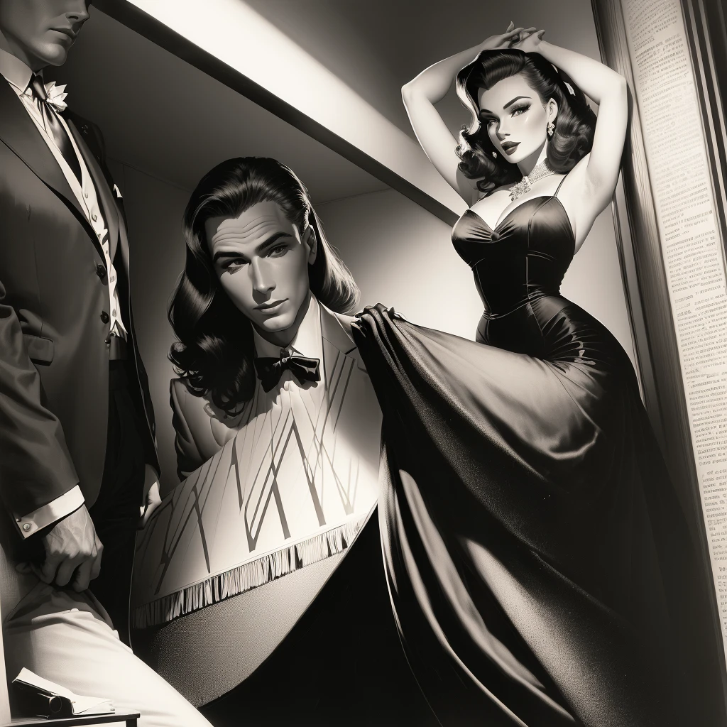 a man is holding a woman in a dress and a suit, vintage noir, publicity photo, old hollywood, by Stan Galli, by George Hurrell, noir film, 1960s photo, maryilin monroe painting esque, preston blair, promo photograph, irresistible, film noir, model pose, promo shot, by  Adams, by Dennis Ashbaugh, glamorous pose
