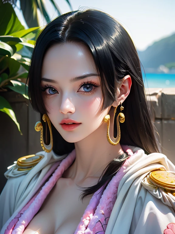 (masterpiece, best quality:1.4), (Face Focus:1.5), external, (Close to the sea), 1 Girl, Solitary, (whole body)Hancock 1, 1 Girl, Boya Hancock, (((Full and soft breasts,)))(((Huge breasts))) (((Cleavage))), Long hair, Epaulettes, cape, (white cape:1), Top of crop, Long sleeve, Side slits, (Young women in Europe:1), Looking at the audience, Beautiful Smile, Pretty Face, Highly detailed face, Very detailed eyes, Subsurface scattering, Practical pupils, Full flush, Full lips, Detailed background, Depth of Field, Volumetric Lighting, Clear focus, absurd, Practical proportions, (Practical, hyperPractical:1.4), 16k High Dynamic Range
