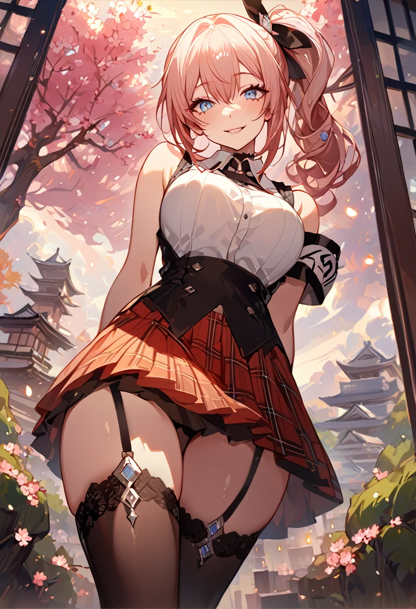 masterpiece, best quality, 8k, 4k, 1girl, (masterpiece, best quality:1.2), 1girl, serah farron, smile, looking at viewer, arms behind back, blue eyes, side ponytail, black diamond-shaped armband, red plaid-pleated skirt with black lace, a white sleeveless dress shirt, a semi-transparent pink sweeper vest, black thigh-high stockings with a white diamond shape attached to the top of her left stocking, and ivory ankle boots, finely detailed eyes and detailed face, face detailed, hair detailed, clothes detailed, ((high quality)), extreme detail, Sakura tree, sakura field, inspired by Asukaziye artist : ask, art style : ask