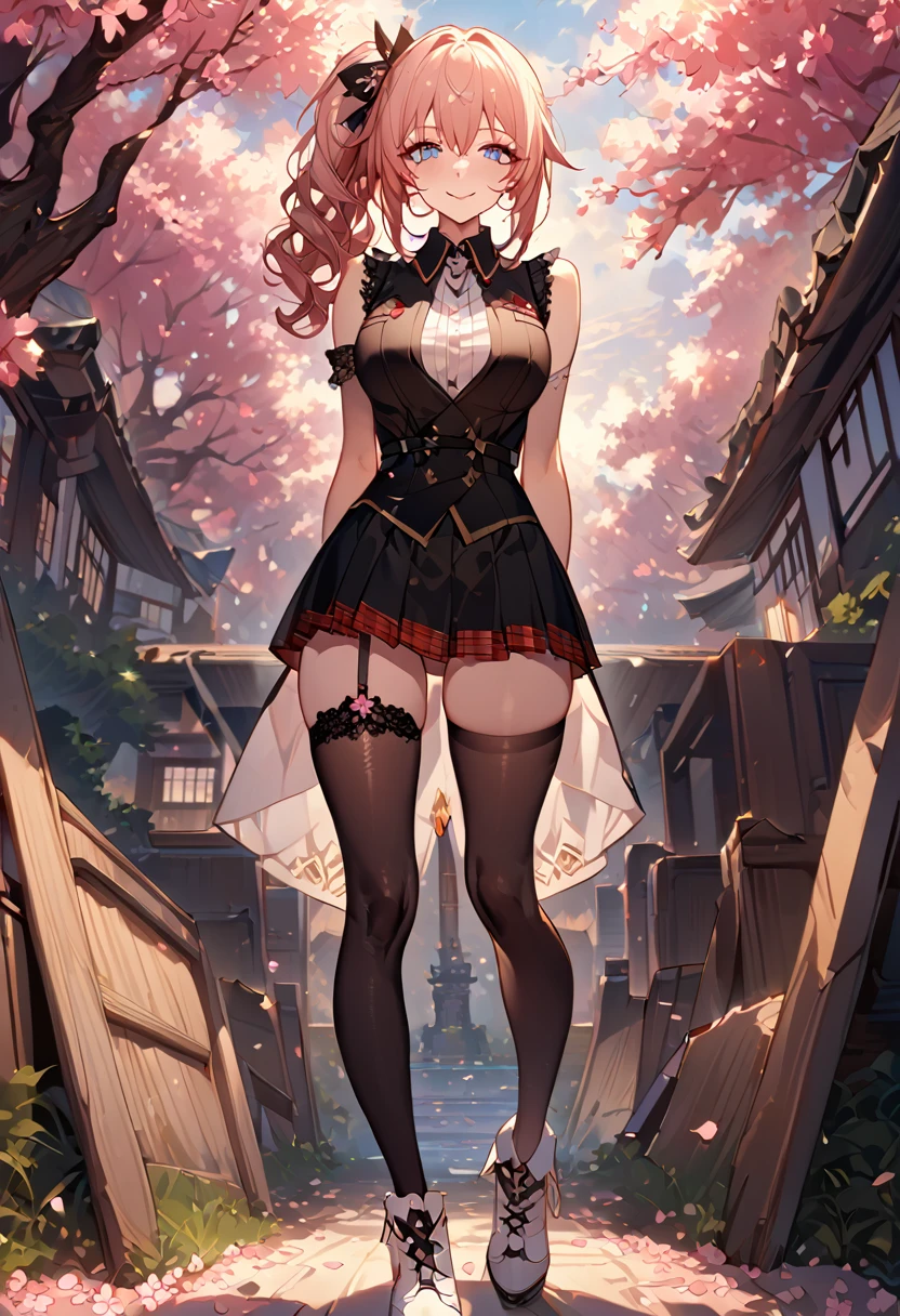 masterpiece, best quality, 8k, 4k, 1girl, (masterpiece, best quality:1.2), 1girl, serah farron, smile, looking at viewer, arms behind back, blue eyes, side ponytail, black diamond-shaped armband, red plaid-pleated skirt with black lace, a white sleeveless dress shirt, a semi-transparent pink sweeper vest, black thigh-high stockings with a white diamond shape attached to the top of her left stocking, and ivory ankle boots, finely detailed eyes and detailed face, face detailed, hair detailed, clothes detailed, ((high quality)), extreme detail, Sakura tree, sakura field, inspired by Asukaziye artist : ask, art style : ask
