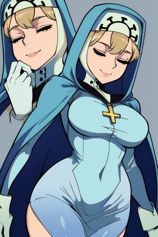Double, short blonde hair, medium breasts, solo, smiling, cowboy shot, closed eyes, 
 blue habit, cross necklace ,long sleeves, cape, robe, cloak white gloves, nun, 
(insanely detailed, beautiful detailed face,beautiful detailed eyes, masterpiece, best quality  
   