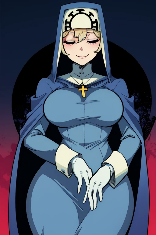 Double, short blonde hair, medium breasts, solo, smiling, cowboy shot, closed eyes, 
 blue habit, cross necklace ,long sleeves, cape, robe, cloak white gloves, nun, 
(insanely detailed, beautiful detailed face,beautiful detailed eyes, masterpiece, best quality  
   