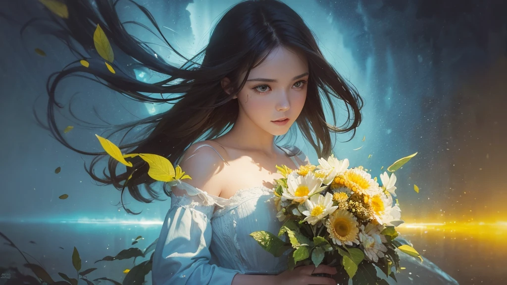 32k, Masterpiece, Highest quality, One girl, Brown Hair, Detailed eyes, flower,Dahlia, Light blue and yellow style,A dreamy, romantic piece,Pale yellow, Mysterious Leaves,A playful arrangement,Fantasy,High Contrast,Ink strokes,explosion,Exposure, Impression of light blue and yellow tones,Abstract,((Watercolours by John Berkey and Jeremy Mann )) Brush strokes,Negative Space, Tyndall effect,