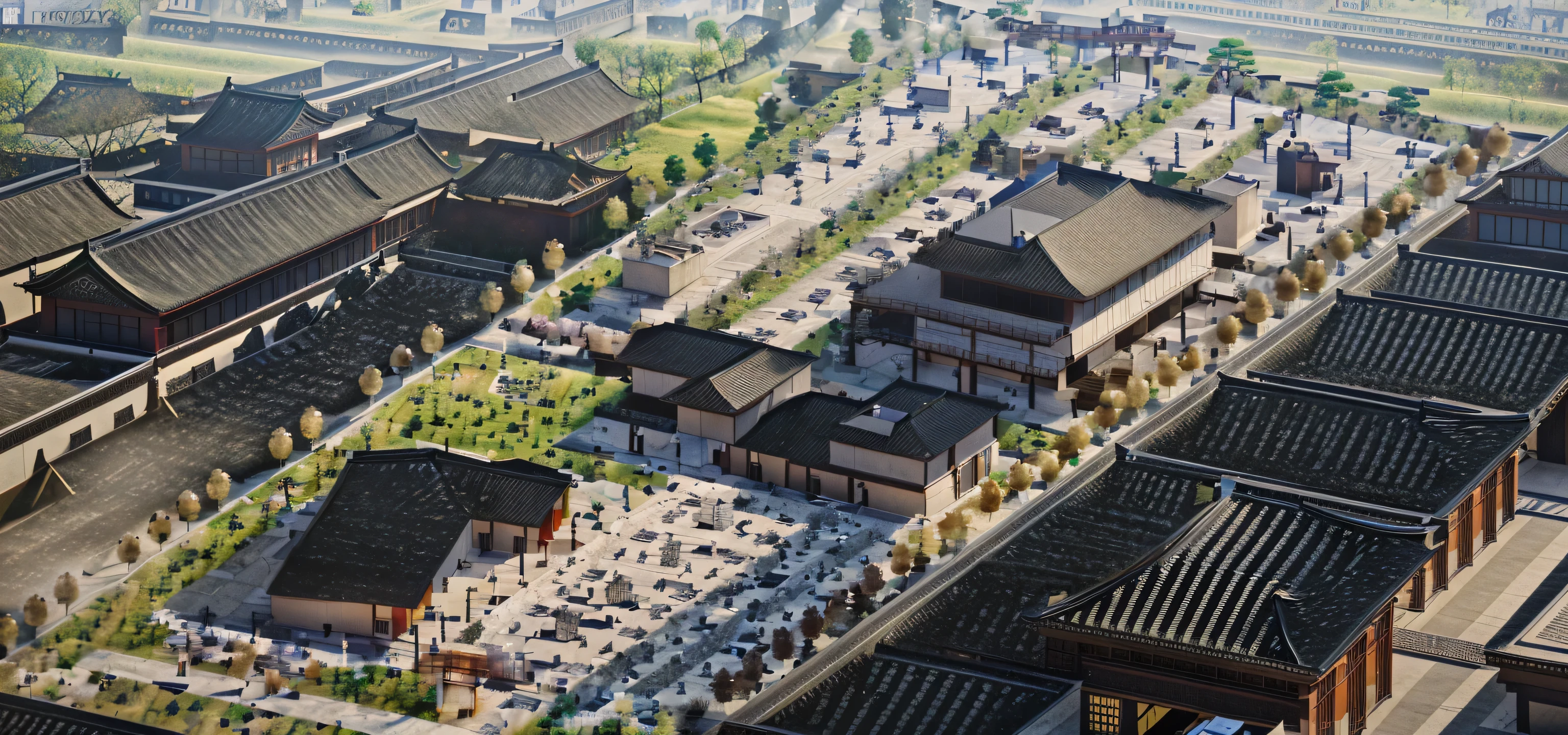 Top view，Aerial View，City antiquity commercial street，Highest quality，Chinese Ink Painting，antiquity,Decorative Arts，Sloped roof，Best quality,Architectural Photography,Photorealism,Hyperrealism,Ultra Detailed，V-ray，（architectural design），Big cities