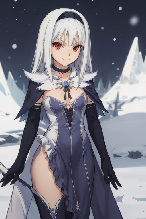 1girl, aira, blanc neige, smile, galdinius hairband, black elbow gloves, blue dress cleavage, frilled choker, white cape, black cape, black thighhighs frills, blue gemstone, park, snow, best quality, masterpiece, looking at viewers 