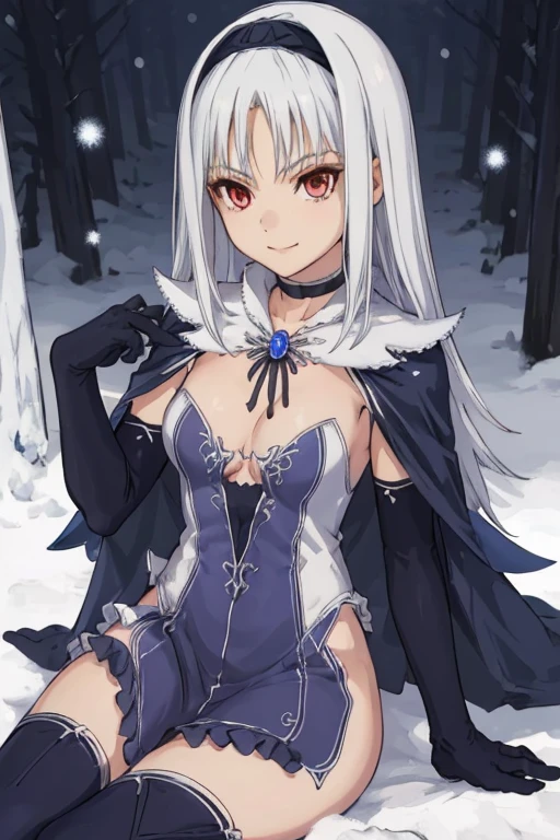 1girl, aira, blanc neige, smile, galdinius hairband, black elbow gloves, blue dress cleavage, frilled choker, white cape, black cape, black thighhighs frills, blue gemstone, park, snow, best quality, masterpiece, looking at viewers 