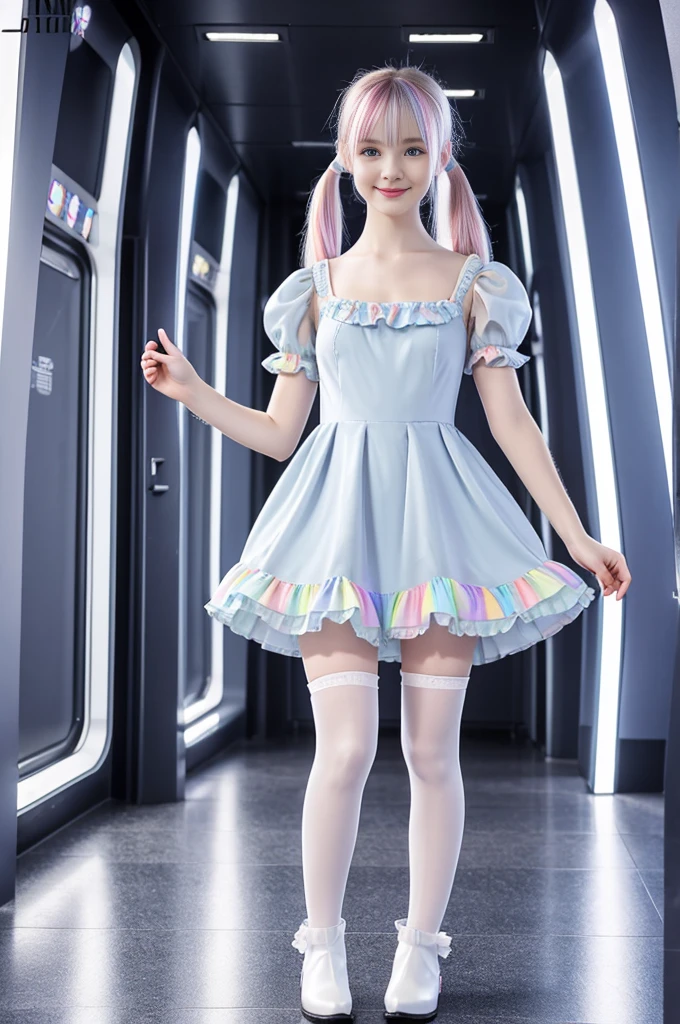various cute 19-year-old neon haired women, natural posture, pale white skin, happy, smiling, in twin tails, perfect blue eyes, pale goth skin, silky smooth skin, flying a fancy metal luxurious space ship, futuristic hallway, outer space seen in windows, dark warm lighting, they are wearing various futuristic dresses, each a different dress, pleated (chemise) mini dress (pastel rainbow colors, and polka dots), puffy sleeves low cut top, silk, ((frilly pantyhose under dress)), tights, cute short cut booties, boots.