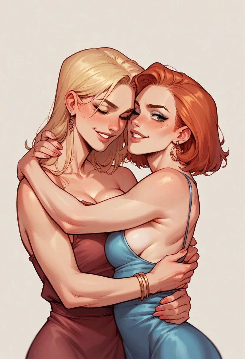 2 sexy women hugging, scantily clad