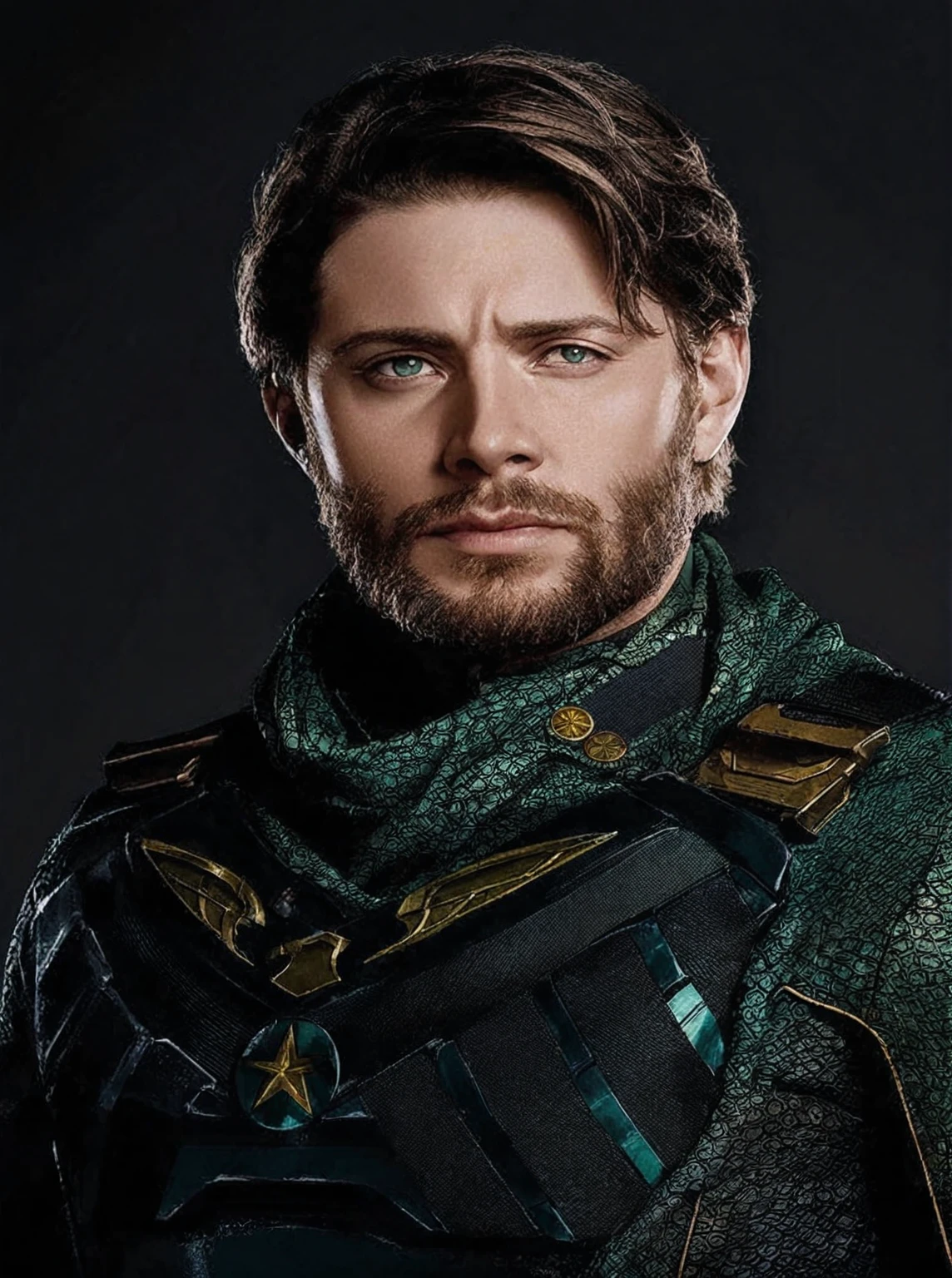 a close-up of a man with a green outfit and beard, mystery, Karl Urban as Dragon Slayer, doctor, crocodilo Loki, Ryan por, maxwell boas, Clayton Crain, paul atreides, Jon Tron as Loki in The Avengers, avatar image, robust and handsome ranger, ladino masculino, profile pic, Dia Charlie