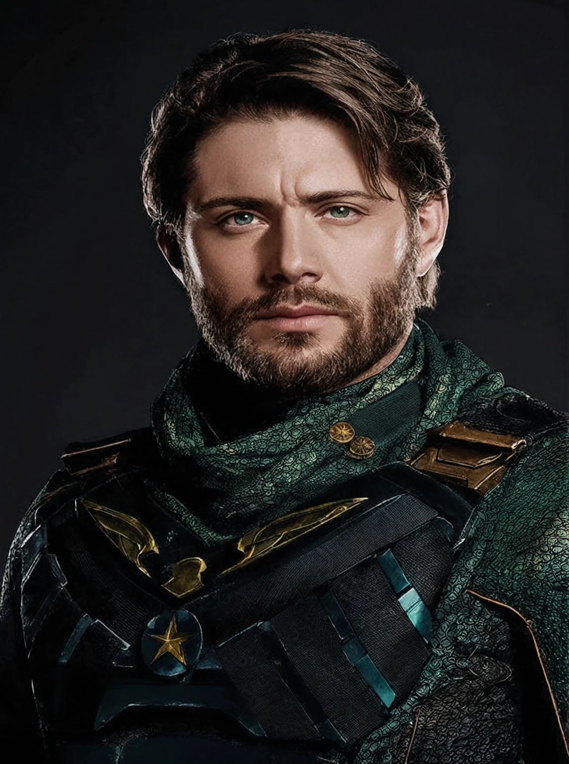 a close-up of a man with a green outfit and beard, mystery, Karl Urban as Dragon Slayer, doctor, crocodilo Loki, Ryan por, maxwell boas, Clayton Crain, paul atreides, Jon Tron as Loki in The Avengers, avatar image, robust and handsome ranger, ladino masculino, profile pic, Dia Charlie