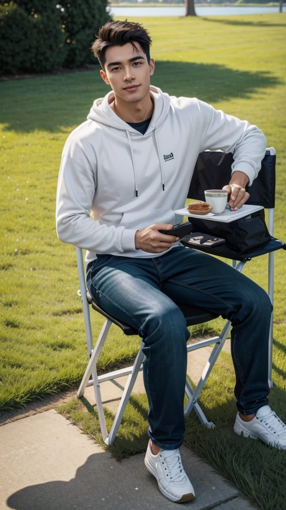 a very handsome man as if he came out of a men's shower gel advertisement, (wondering), shirt, active, on the street, crowded, sits in a white folding chair, smilling, candid camera, a portable folding chair, white hoodie. A folding table with a portable stove and coffee machine on it is placed on the green grass next to the chair. The setting shows an open field with trees and a lake in the distance