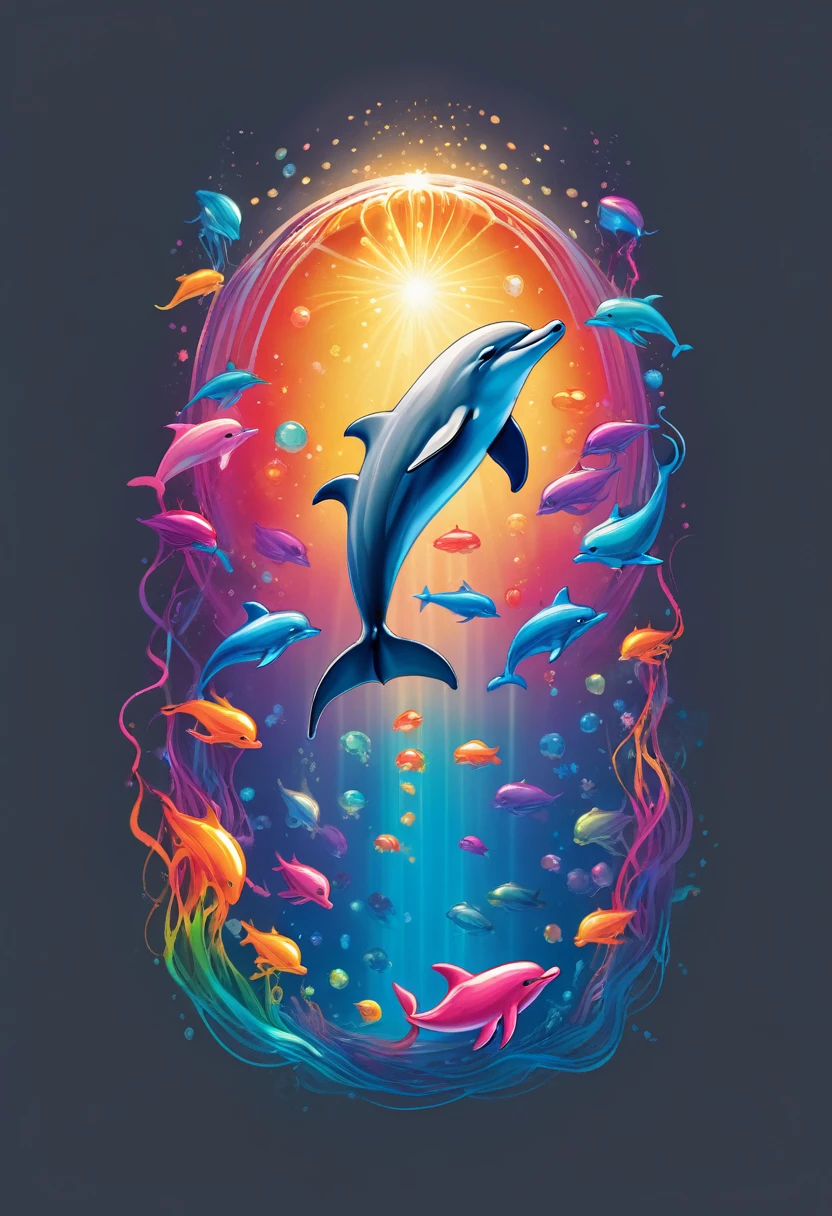 creative logo ilustration of a grey dolphin surrounded by colorful glowing jelly fishes, digital art style by dan mumford, marc simonetti, frank frazetta, sketch, high definition, negative space, logo style, T-shirt design