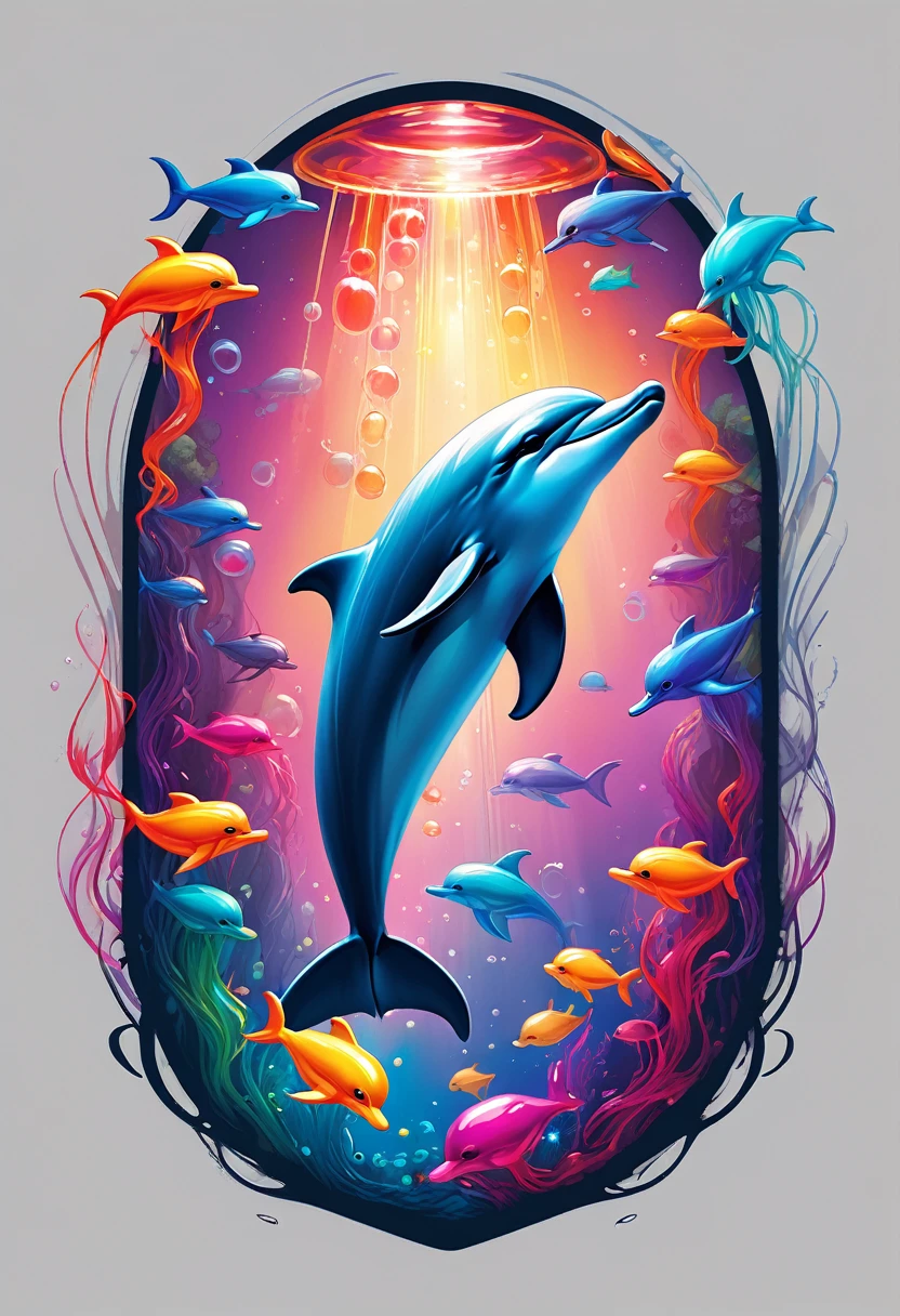 creative logo ilustration of a grey dolphin surrounded by colorful glowing jelly fishes, digital art style by dan mumford, marc simonetti, frank frazetta, sketch, high definition, negative space, logo style, T-shirt design