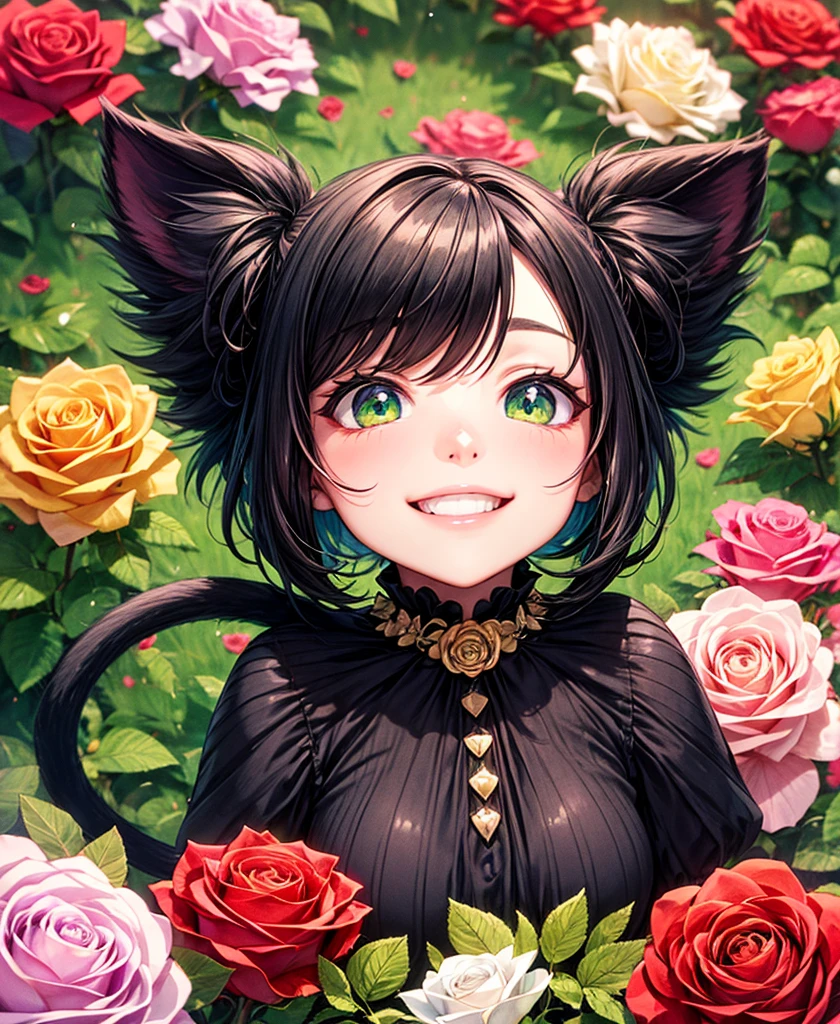 Big pink open petals rose with a multicolor kitten face in the center. Green eyes kitten,smiling kitten face in the center of the rose.